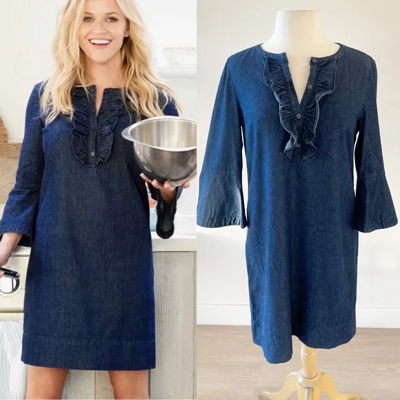 Draper James Dark Wash Chambray Ruffle Shift Dress | 6 - Image 2