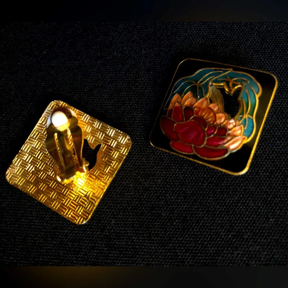 Cloisonné flower colorful clip on earrings vintage diamond shape red blue gold - Image 7