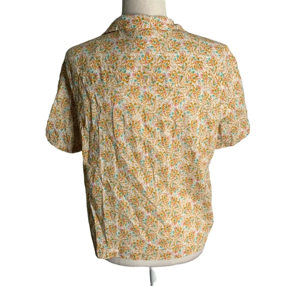 Ana Button Up Short Sleeve Shirt M White Orange Floral Cotton Collared Retro - Image 4