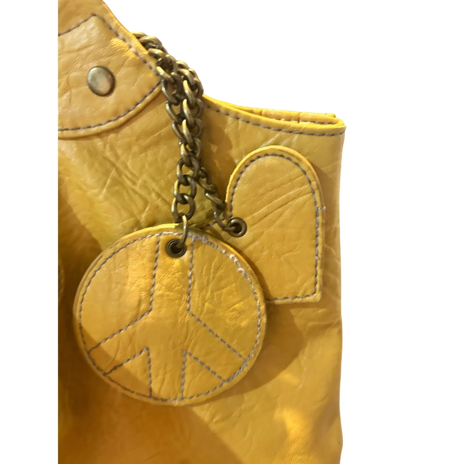 Yellow‎ Faux Leather Hobo Bag with Peace Sign Charm Casual Shoulder Bag Yellow - Image 3