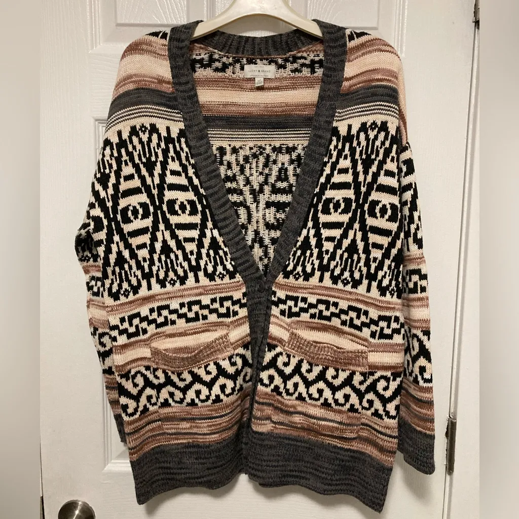 Lucky Brand Gray Southwest Aztec Long Sleeve Boyfriend Cardigan Sweater - Image 2