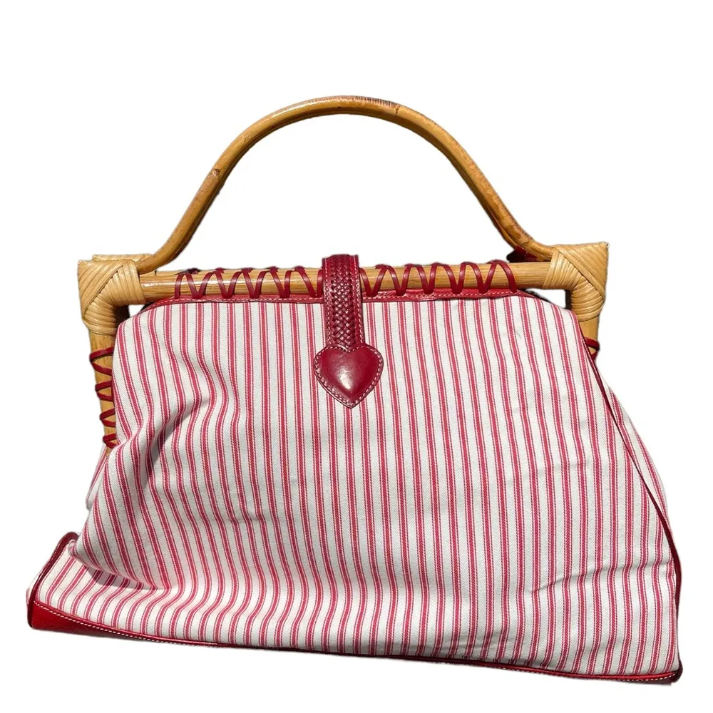 Brighton Doctor Handbag Vintage with Bamboo Handles and Red Leather Rose Design - Image 2