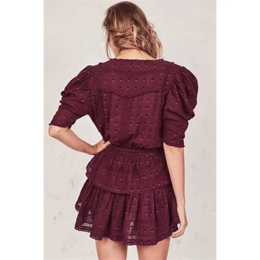 LoveShackFancy Marissa Plum Floral Embroidered Puff Sleeve V-Neck Mini Dress S - Image 2