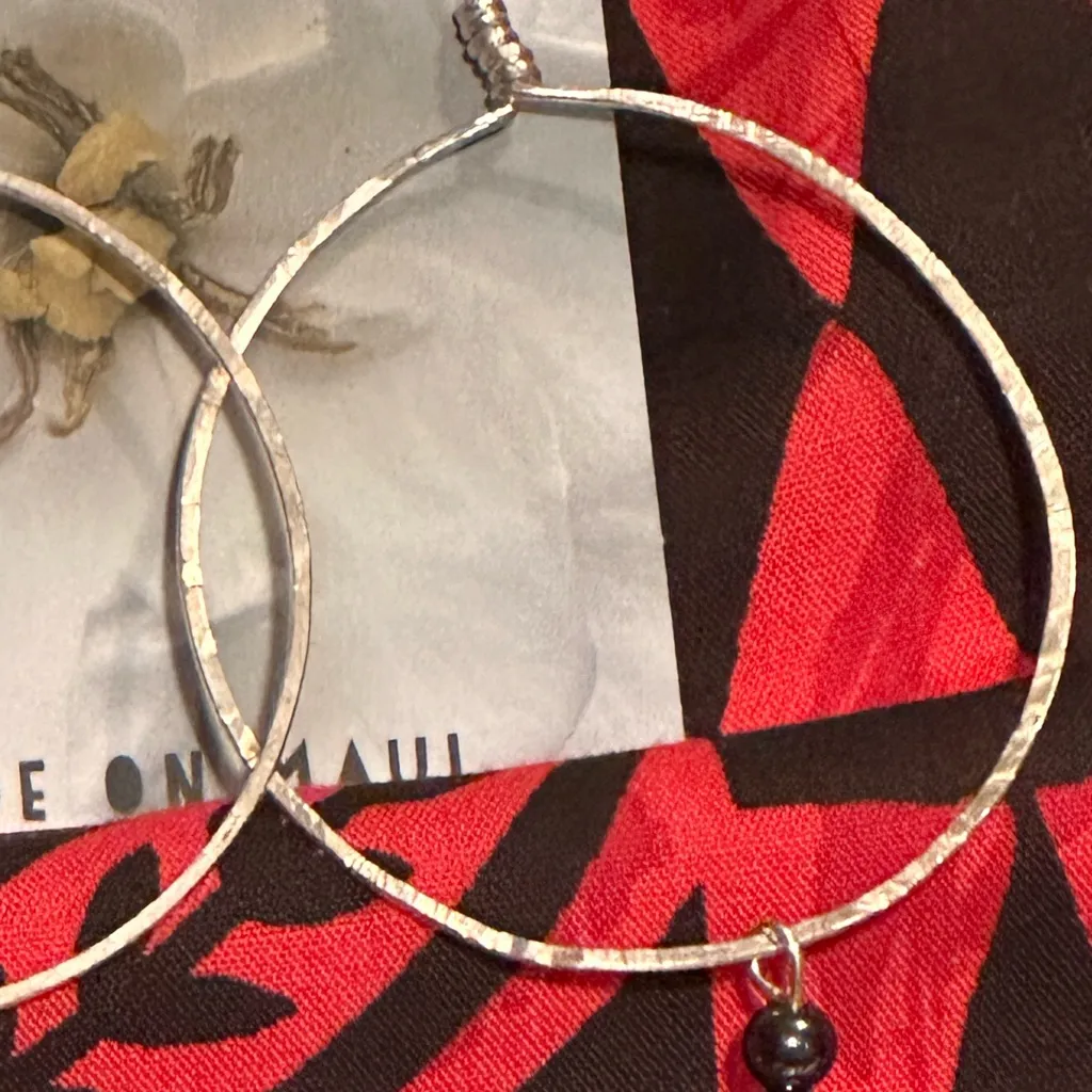 Mother of Pearl Pikake Carved Jasmine & Hematite Sterling Silver Handmade Hoops - Image 3