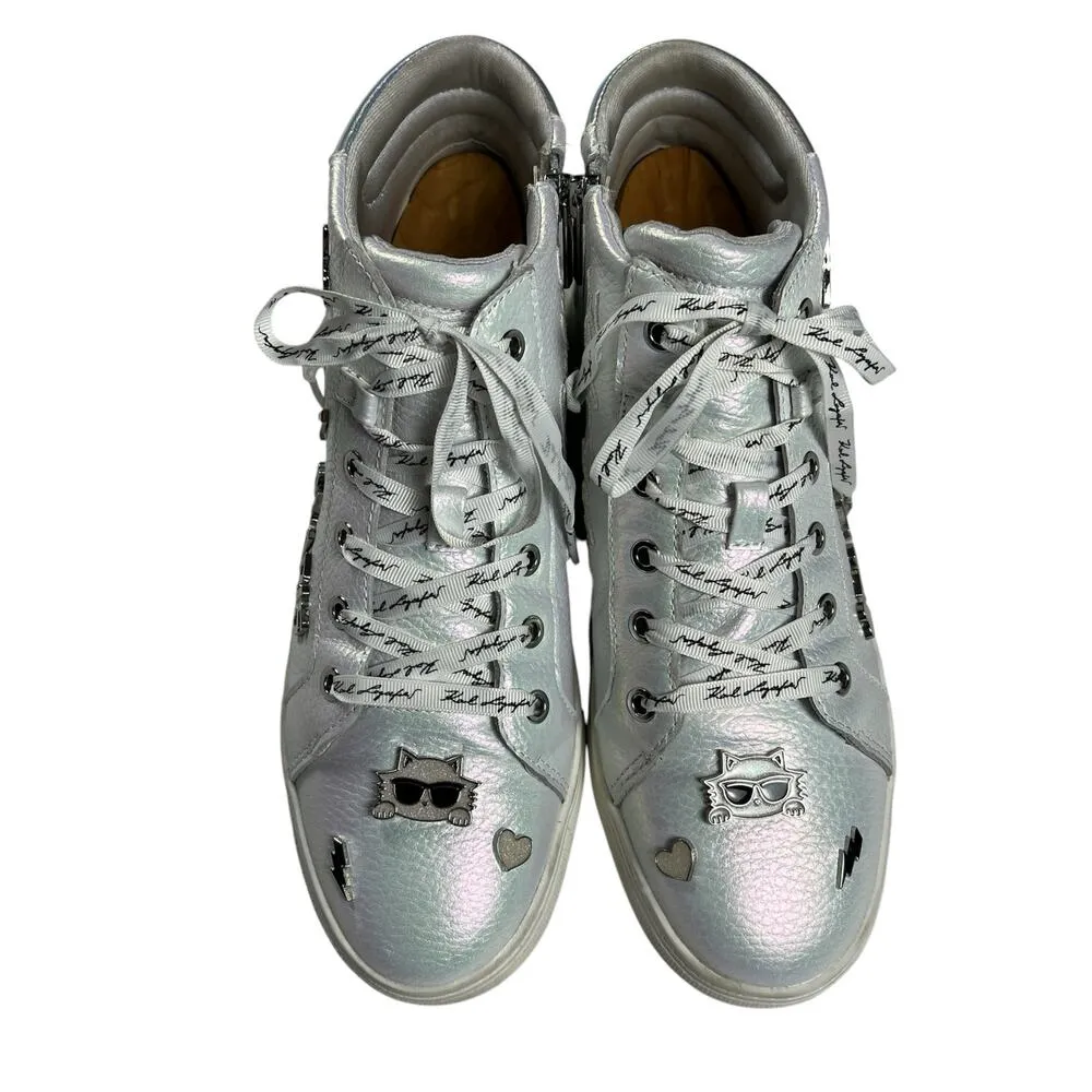 Karl Lagerfeld Paris Catty Iridescent White Leather High Top Sneakers Size 9.5 - Image 5