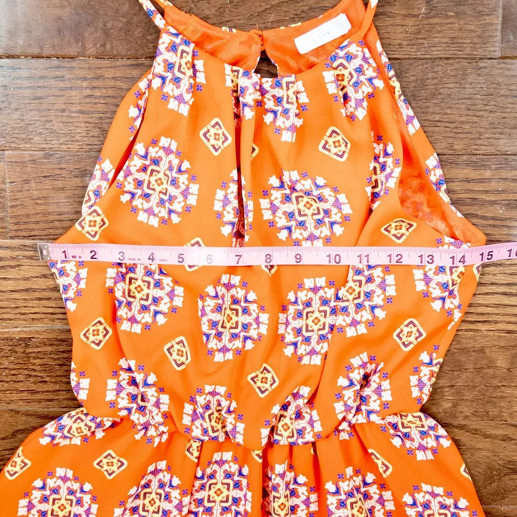 LUSH Orange Halter Dress Boho Medallion Print Open Back S - Image 7