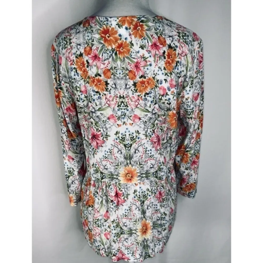 J Jill Orange & Gray Floral Garden 3/4 Sleeve Lightweight Peplum Blouse XS - Image 10