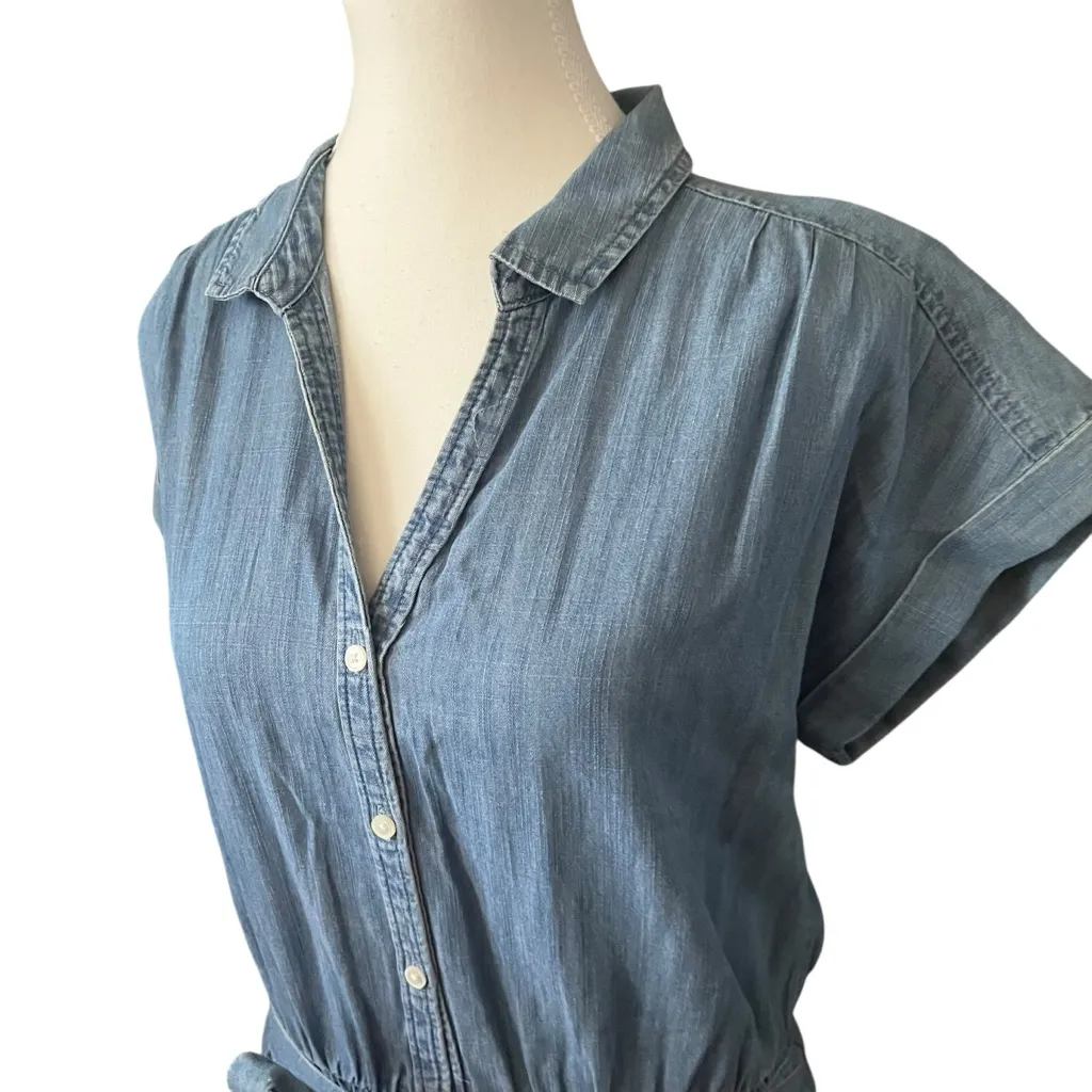 J. Crew Chambray‎ Blue Belted Shirt Dress Mini Elastic Waist Button-down Sz XS - Image 3