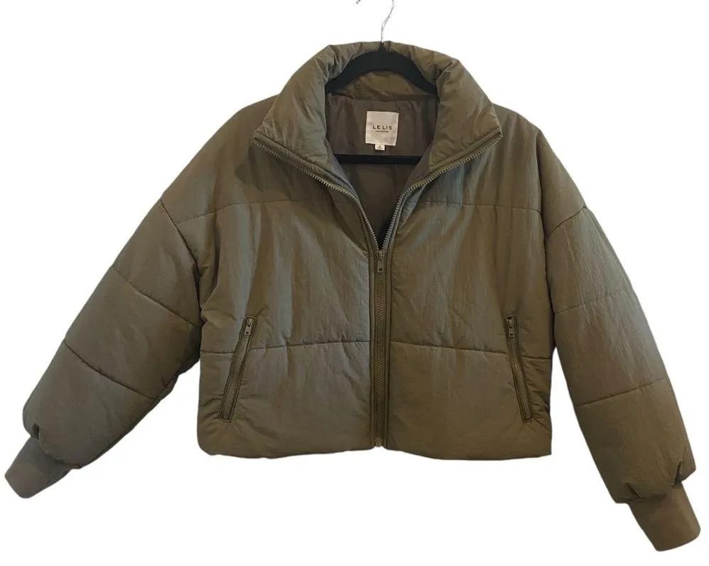Le Lis Olive Green Cropped Puffer Jacket - Image 3
