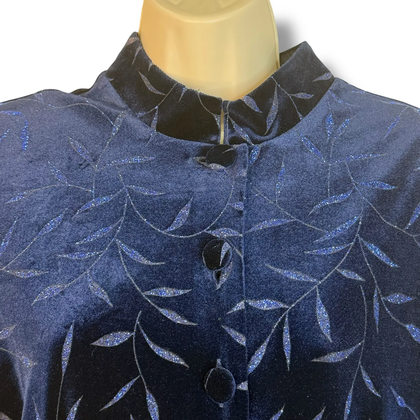 Another Thyme Blue Velvet Maxi Dress Glitter Leaf Pattern Vintage 18 Large 8 - Image 3