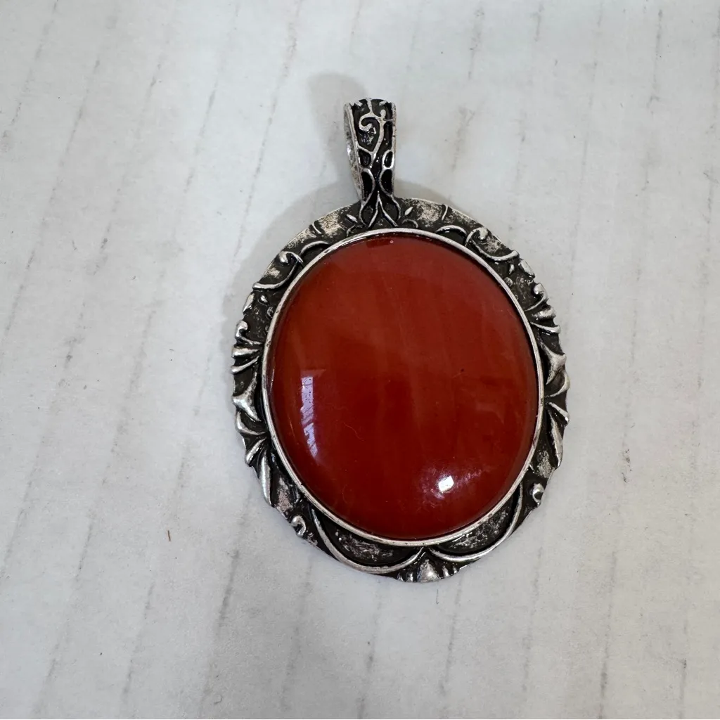 Vintage Silver Tone Carnelian Cabochon Stone Pendant Necklace Womens Estate - Image 6