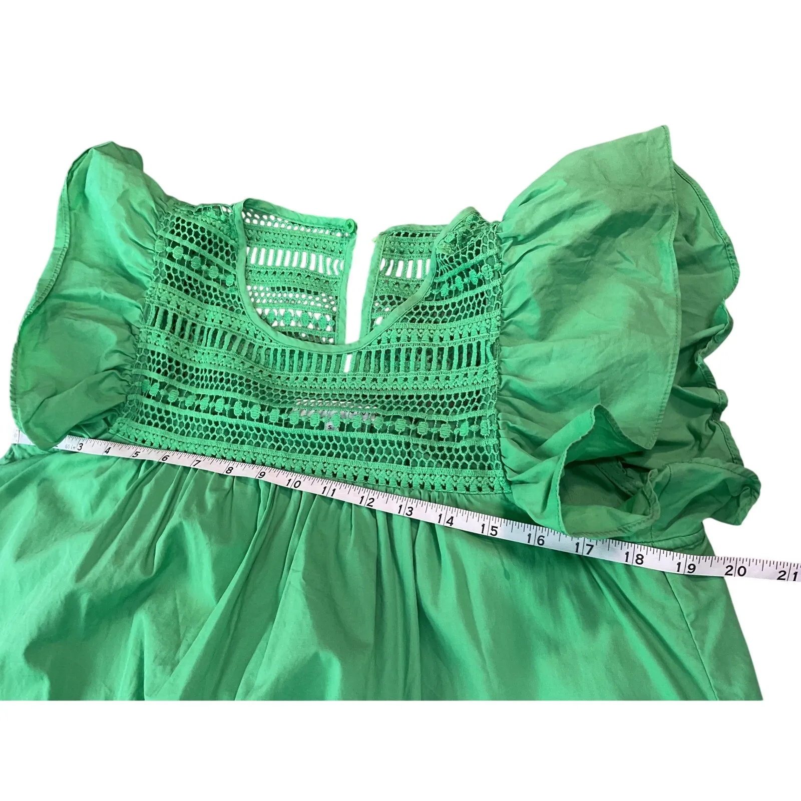 ENGLISH FACTORY Green Cotton Crochet Flutter Sleeve Mini Dress Size S - Image 10