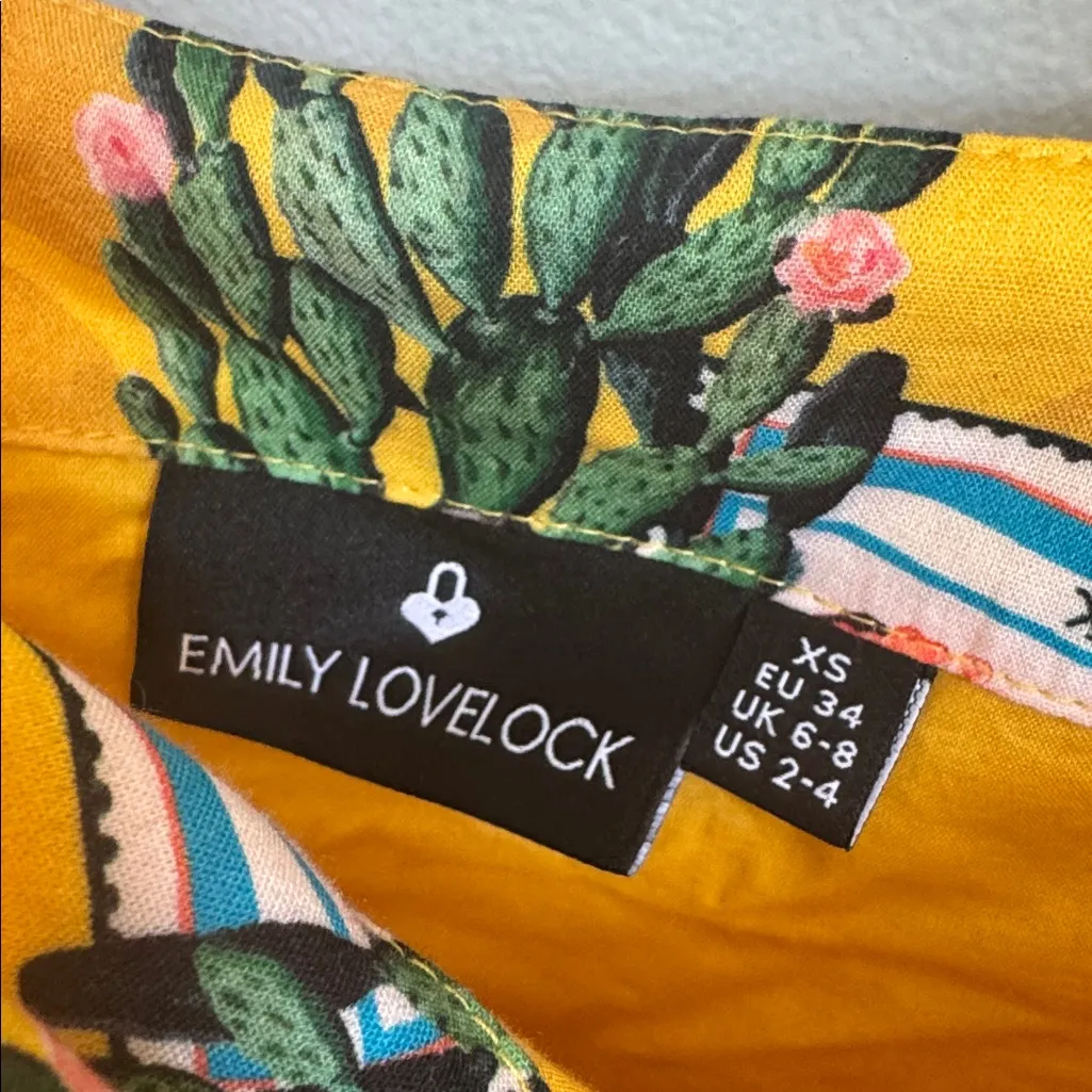 Emily Lovelock Yellow Mexico City Frida Print Tie Shoulder Midi Dress XS - Image 8