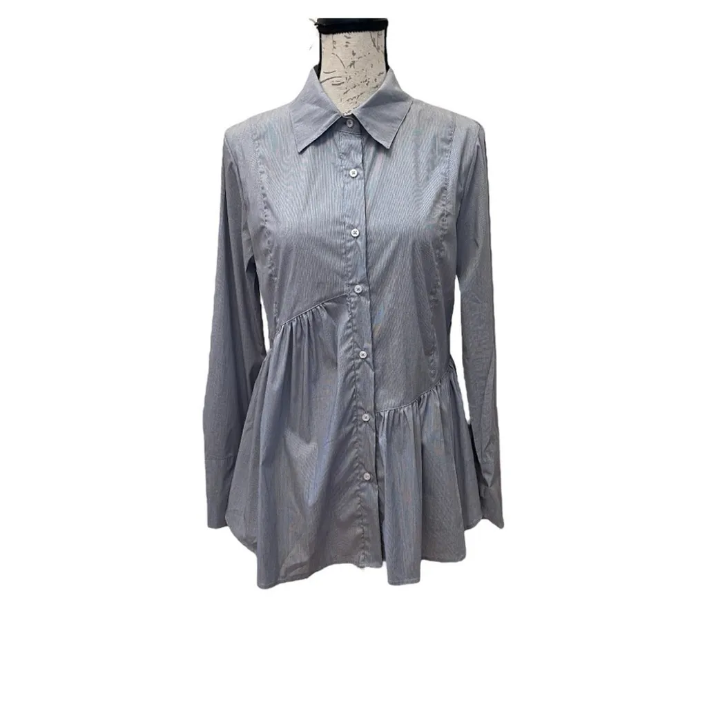 New Background striped cotton blue white asymmetrical peplum button down shirt M Size M - Image 3