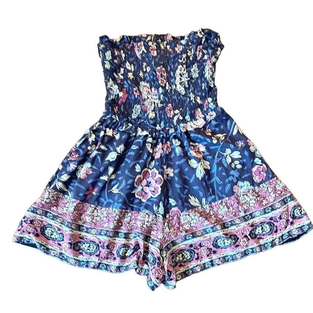 Jessica Simpson smocked block print purple strapless romper XS - Image 2