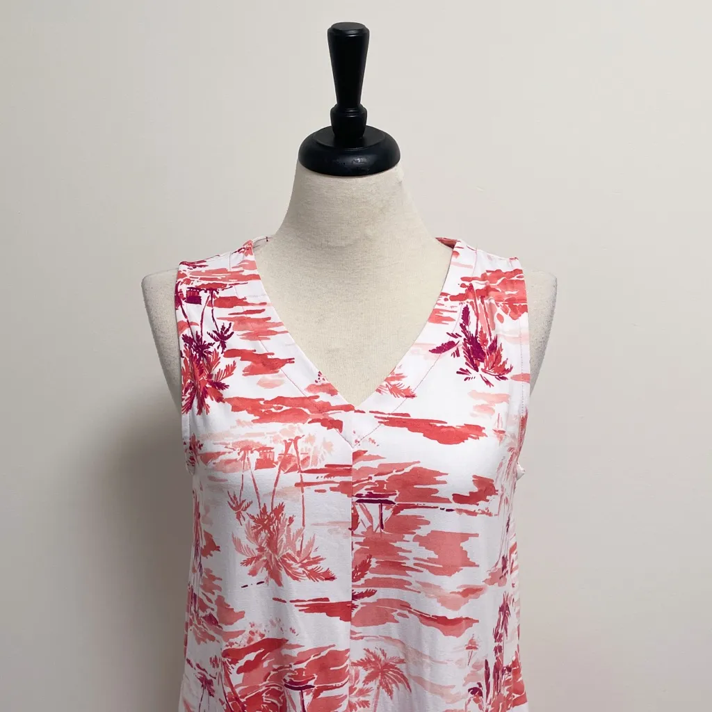 Cuddl Duds White Coral Beach Scape V Neck Sleeveless Midi Dress Large Palm Trees - Image 3