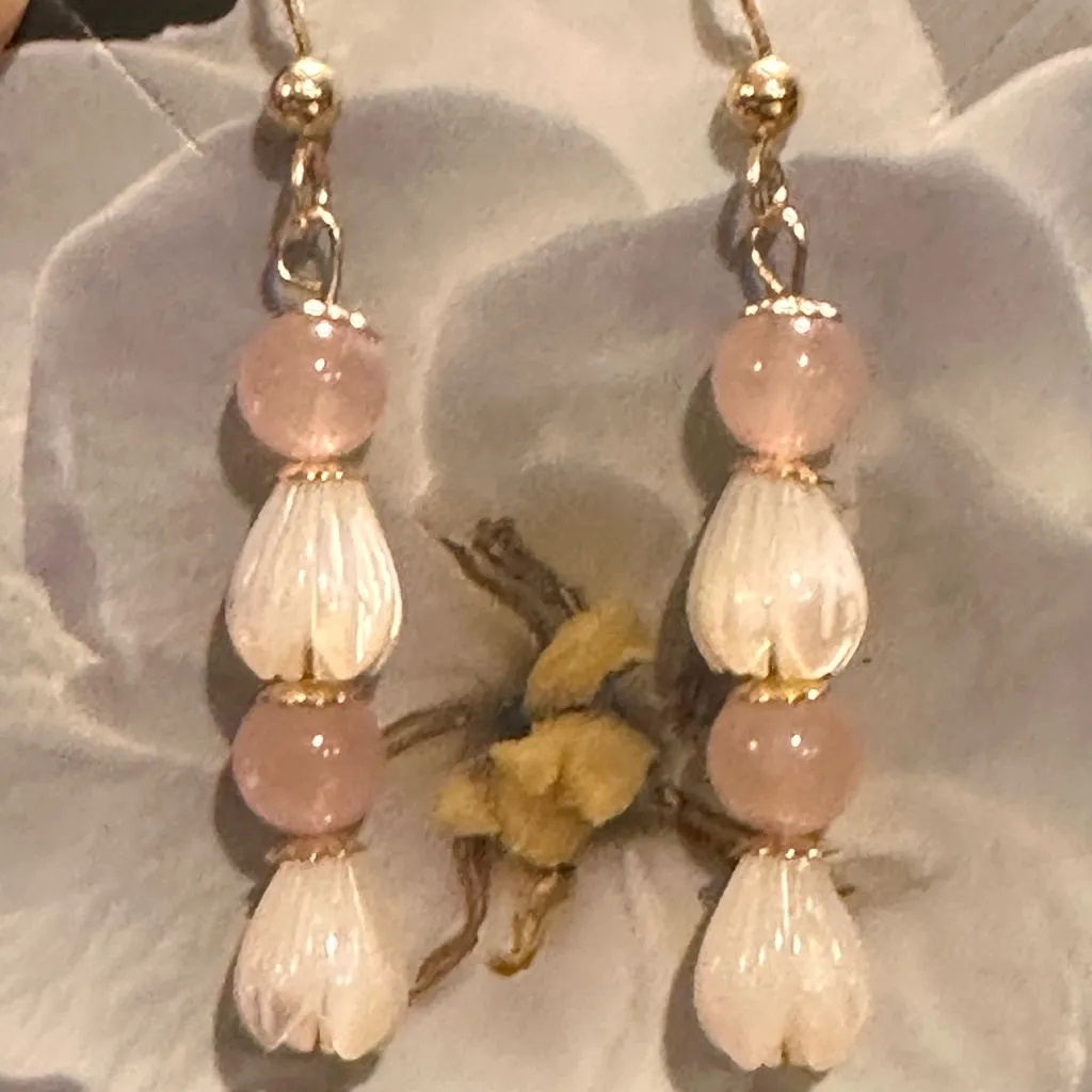 Gold Filled Pikake Mother of Pearl Rose Quartz Earrings Handmade in Maui Pink - Image 3