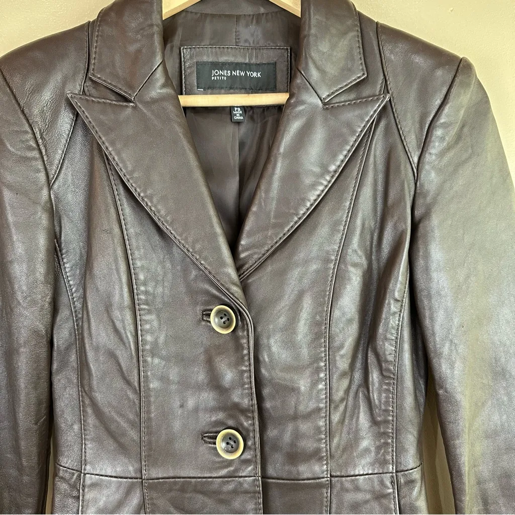 Jones New York Dark Brown Leather Jacket Blazer PS - Image 2
