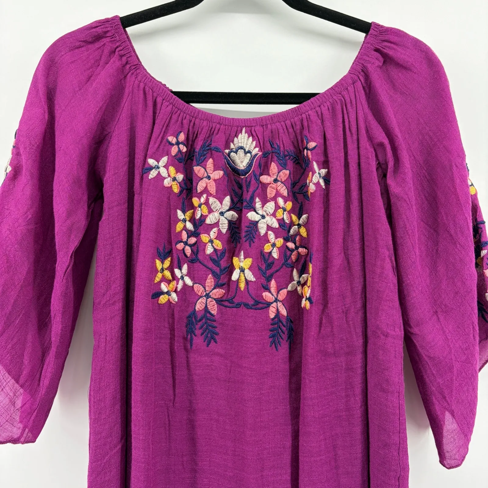 J Gee Embroidered Off Shoulder Dress Purple Bell Sleeve Tunic Size PM Boho Indie - Image 3