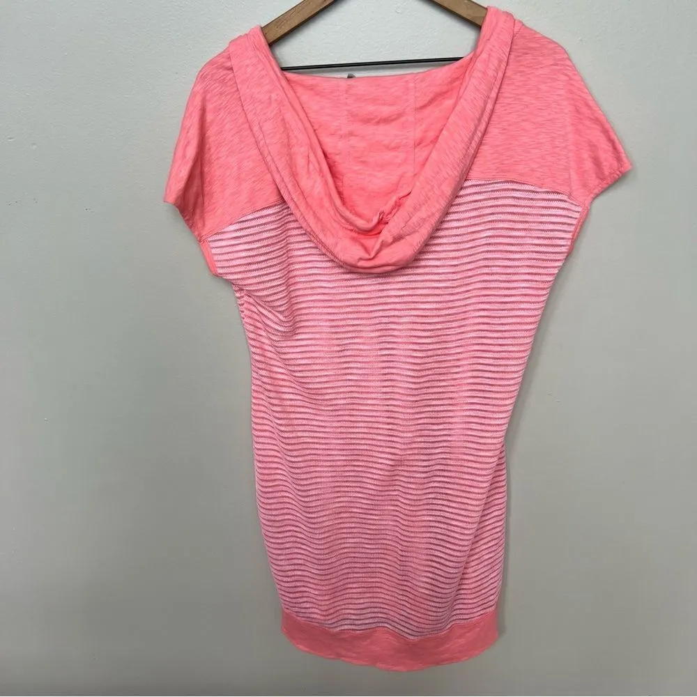 Athleta Pink Cotton Hooded Short Sleeve Swim Cover Up Striped Melon Peach large - Image 5