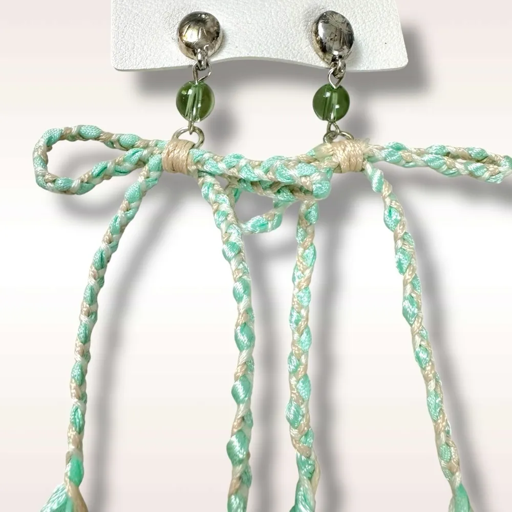 Free People Candy Baby Bow Dangle Earrings Sea Foam Ivory Braid Coquette Mermaid - Image 7
