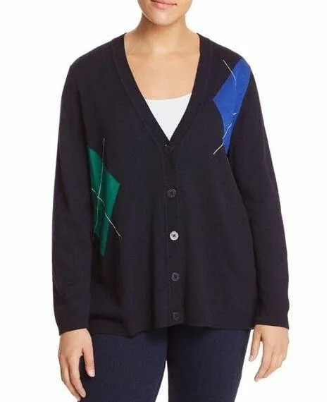 Marina Rinaldi | Large | Maggese Navy Argyle Cashmere Blend Faux Layer Cardigan Blue - Image 1