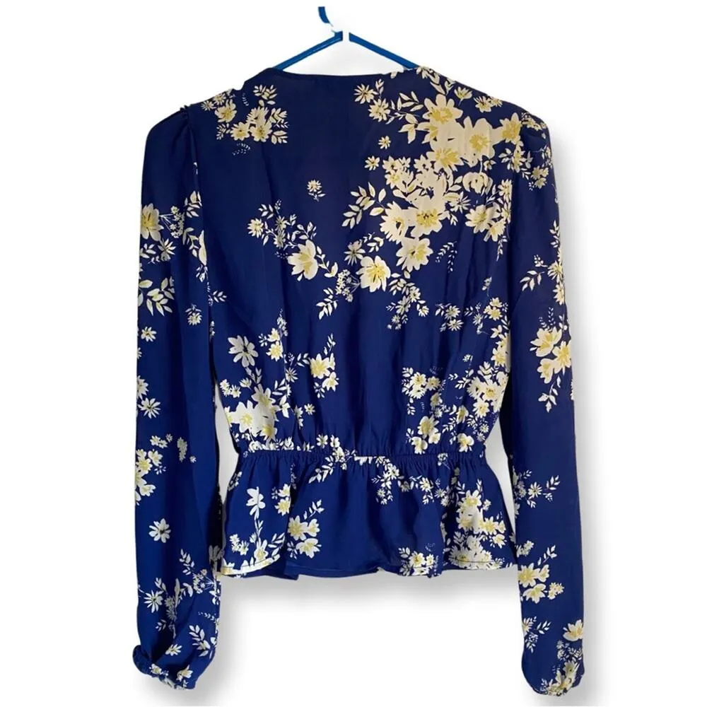 NWT Wayf Double Ruffle V Neck Long Sleeve Blue Floral Blouse - Image 4