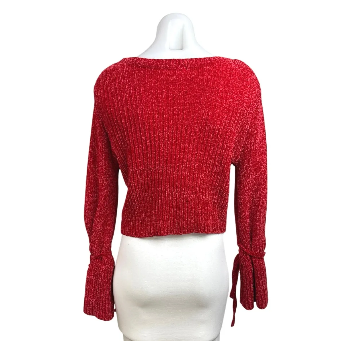Lovers and Friends Red Ribbed Knit Long Sleeve Tie Cropped Sweater Top Size S - Image 2