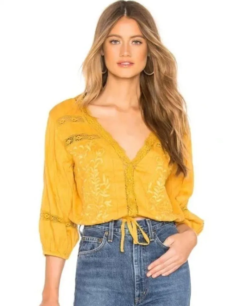 Free People Crop Top M Follow Your Heart Embroidered Golden Harvest Boho Cotton - Image 15