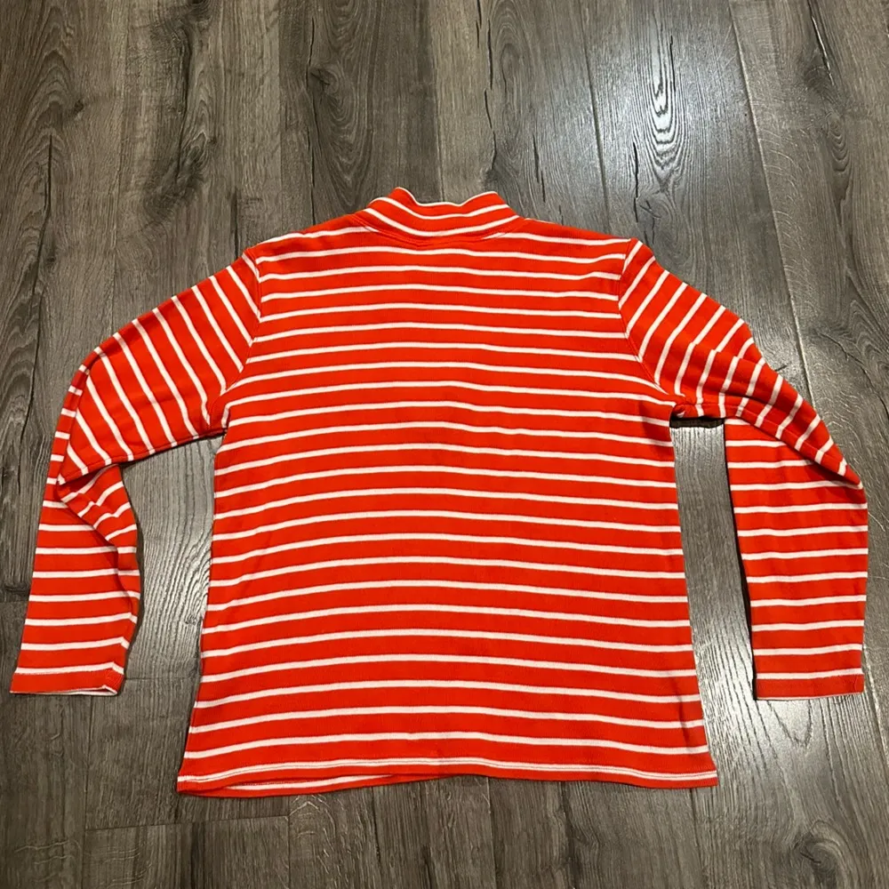 LL Bean Women's L French Sailor 1/4 Zip Pullover Orange White Stripe Long Sleeve - Image 4