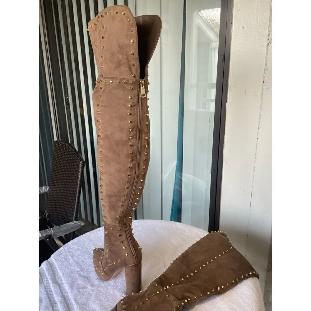 New Venus Faux Suede Studded Over the knee Taupe Boots - Image 10