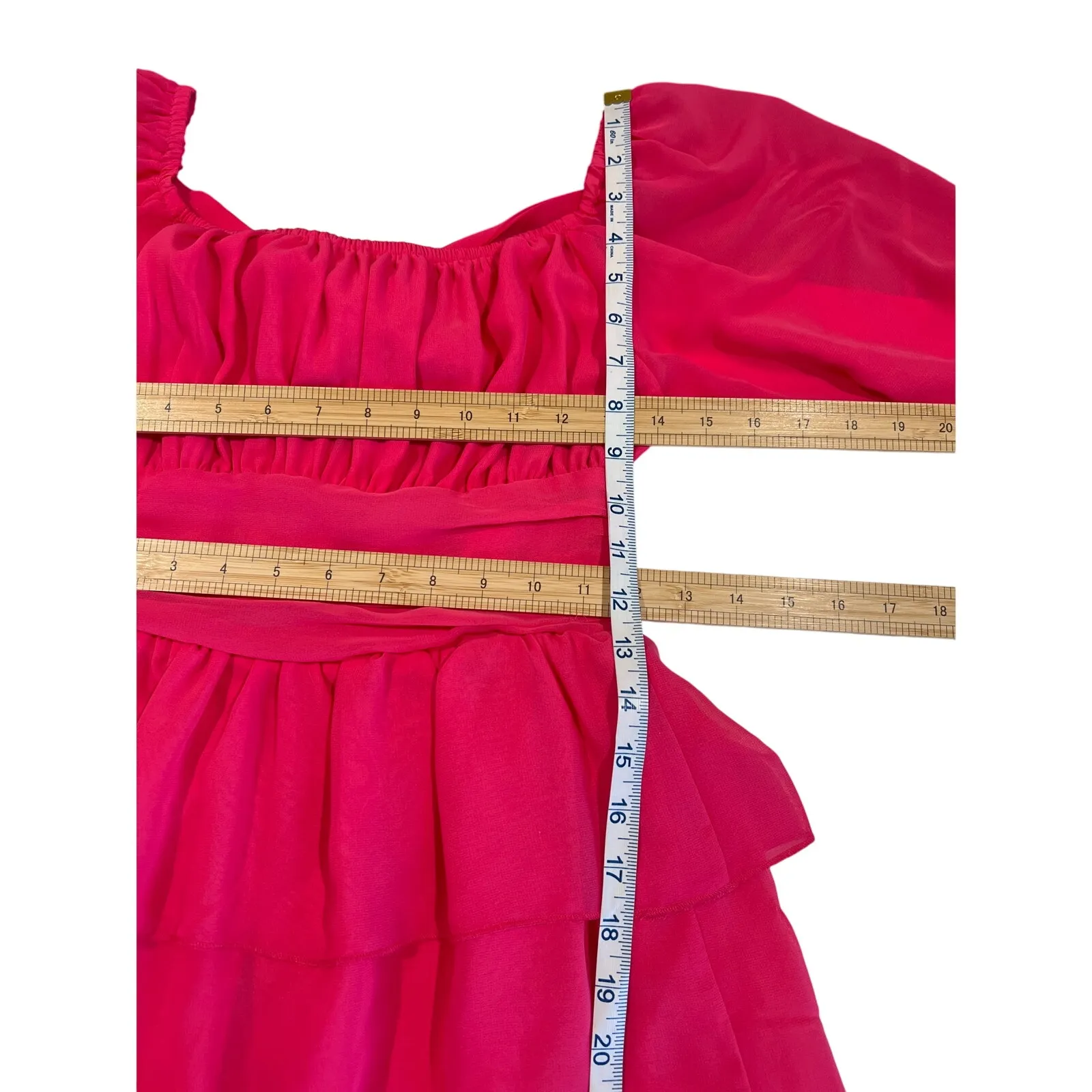 Obbue Square Neck Tie Back Soft Mini Dress Size XS Coquette Flounce Party Event Pink - Image 7