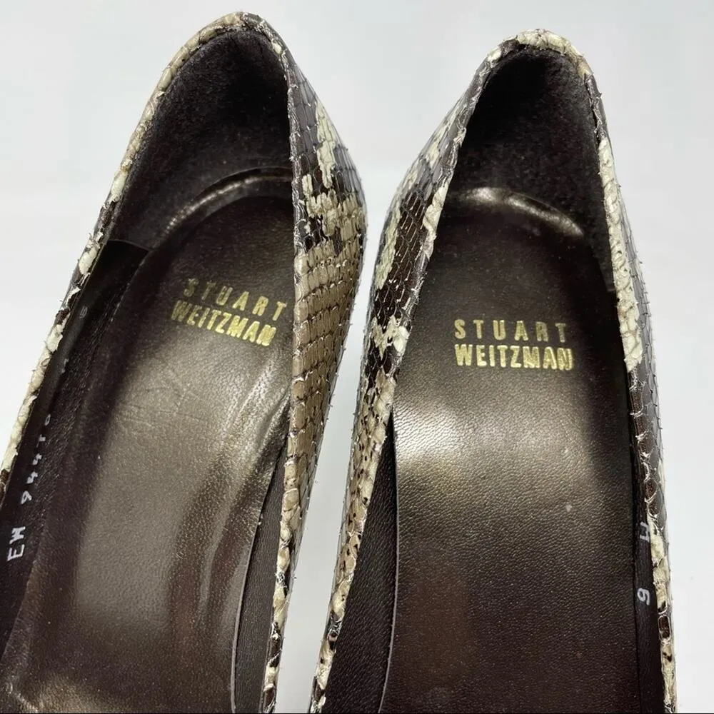 Snakeskin Python Leather Peep Toe High Heels Shoes Black Tan 6 - Image 6