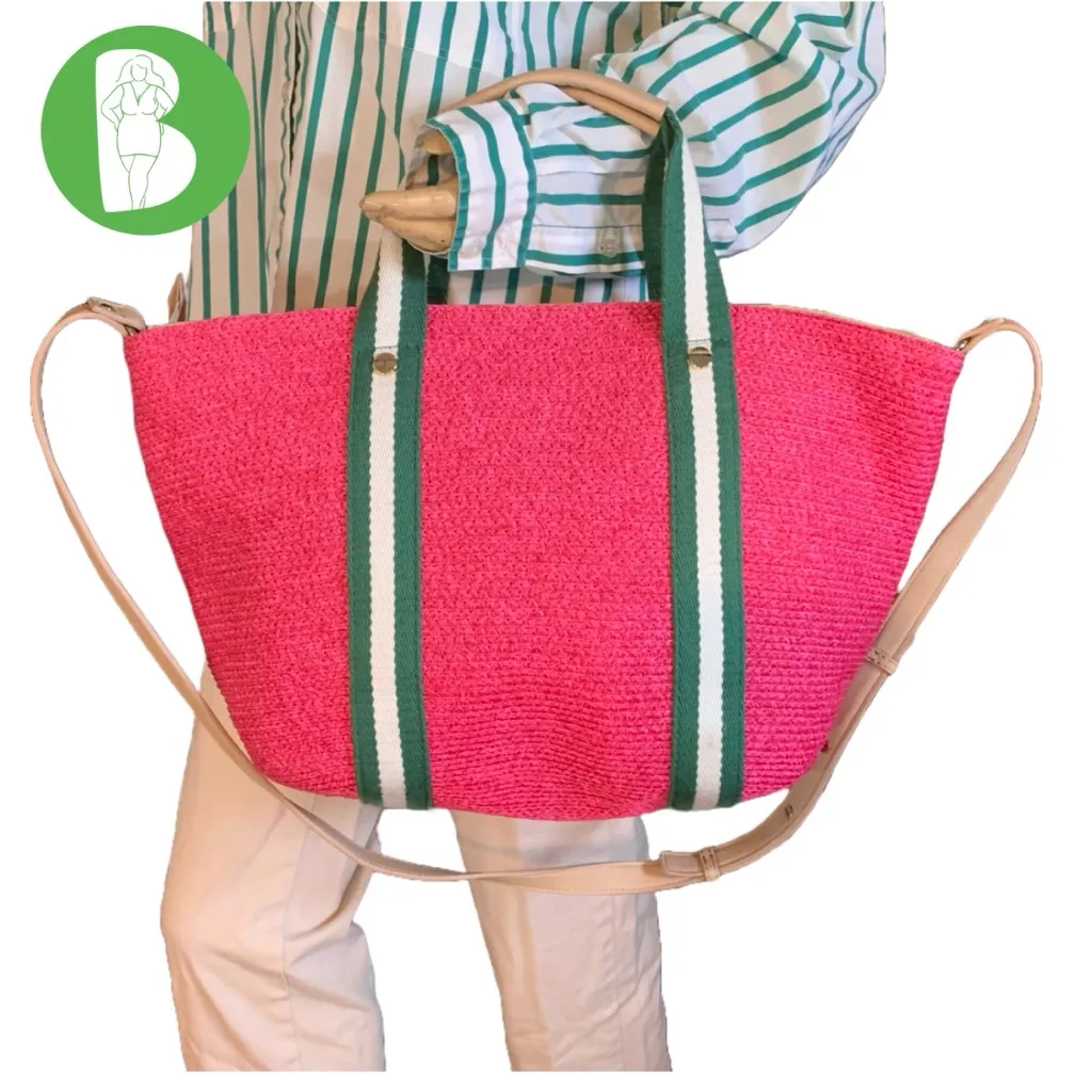 VINTAGE TALBOTS PINK STRAW PAPER TOTE BAG W/GREEN NYLON STRAP & TAN FAUX LEATHER - Image 2