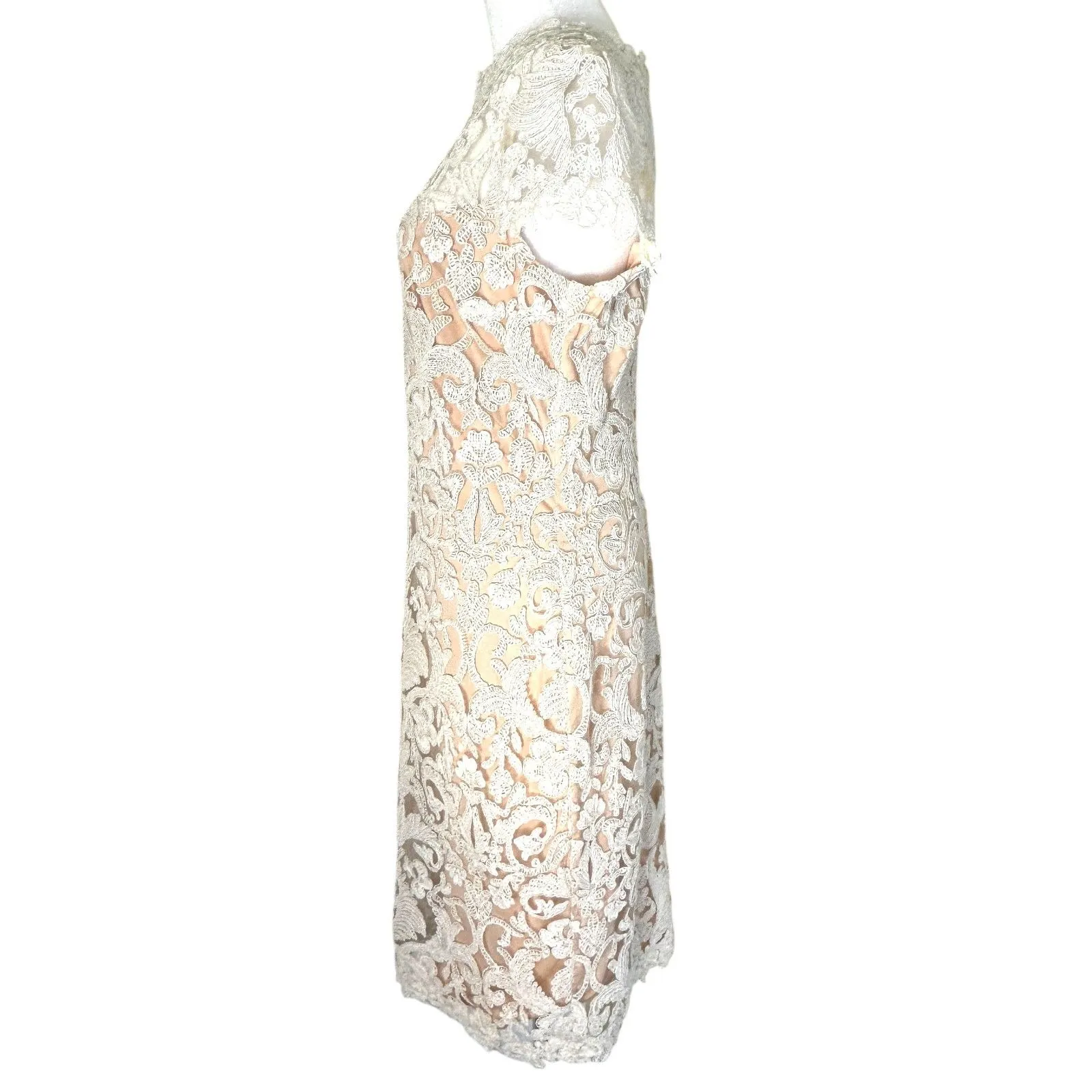 Tadashi Shoji Corded Embroidery on Tulle Cap Sleeve Dress White on Beige Size 12 - Image 4