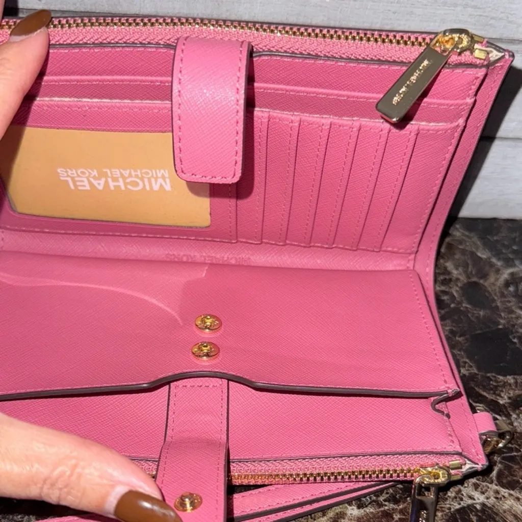 Michael Kors Jet Set Travel Double Zip Leather Wristlet Saffiano Leather Pink - Image 5