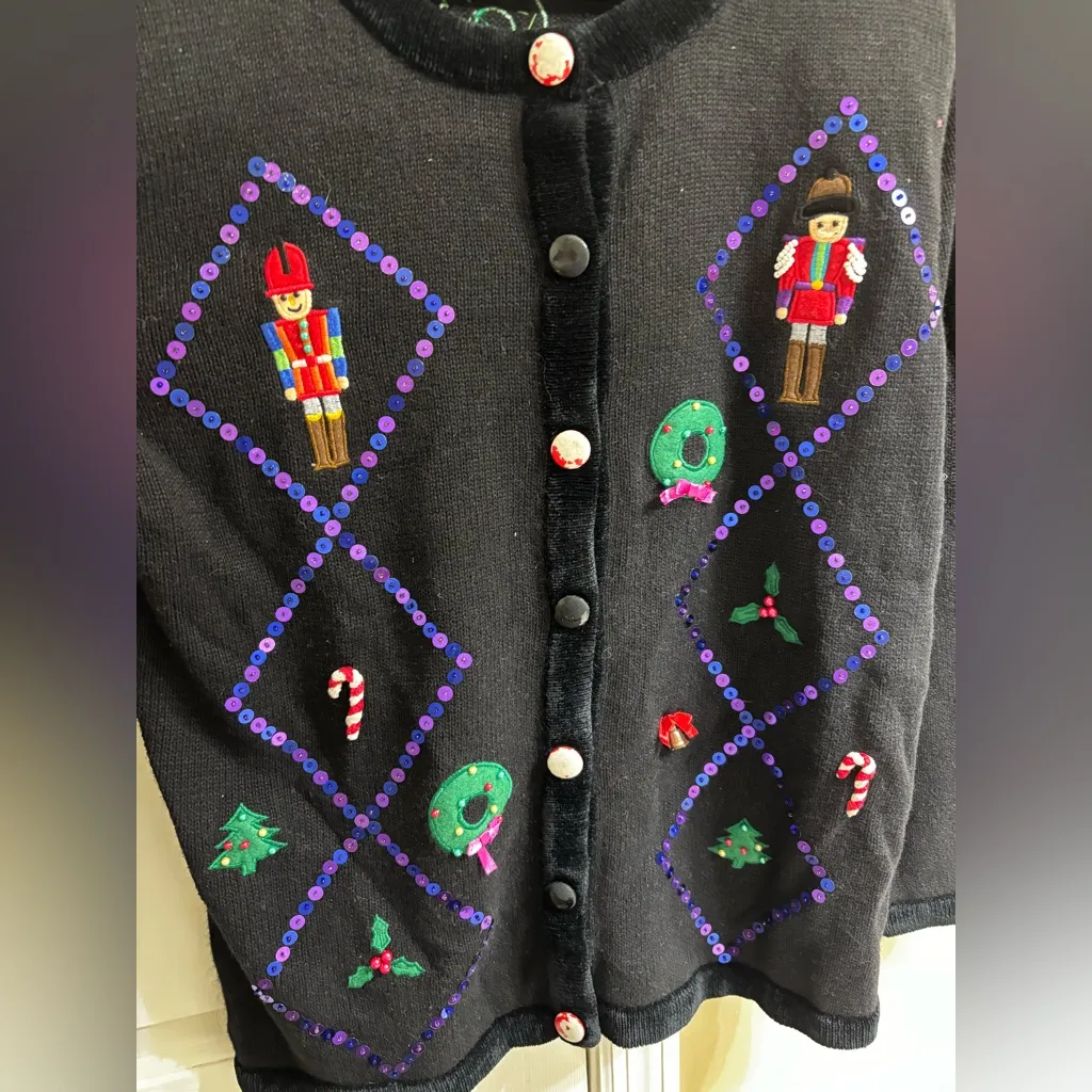 Quacker Factory  Black Nutcracker Cardigan with Festive Embellishments, Medium - Image 3
