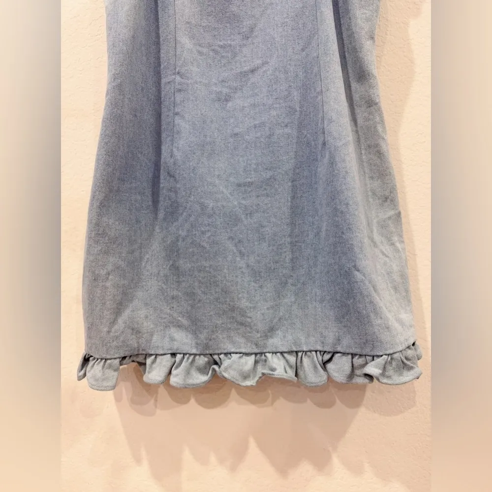 C/meo Collective Light Blue Cotton Ruffle Denim Mini Dress Size L Preowned - Image 6