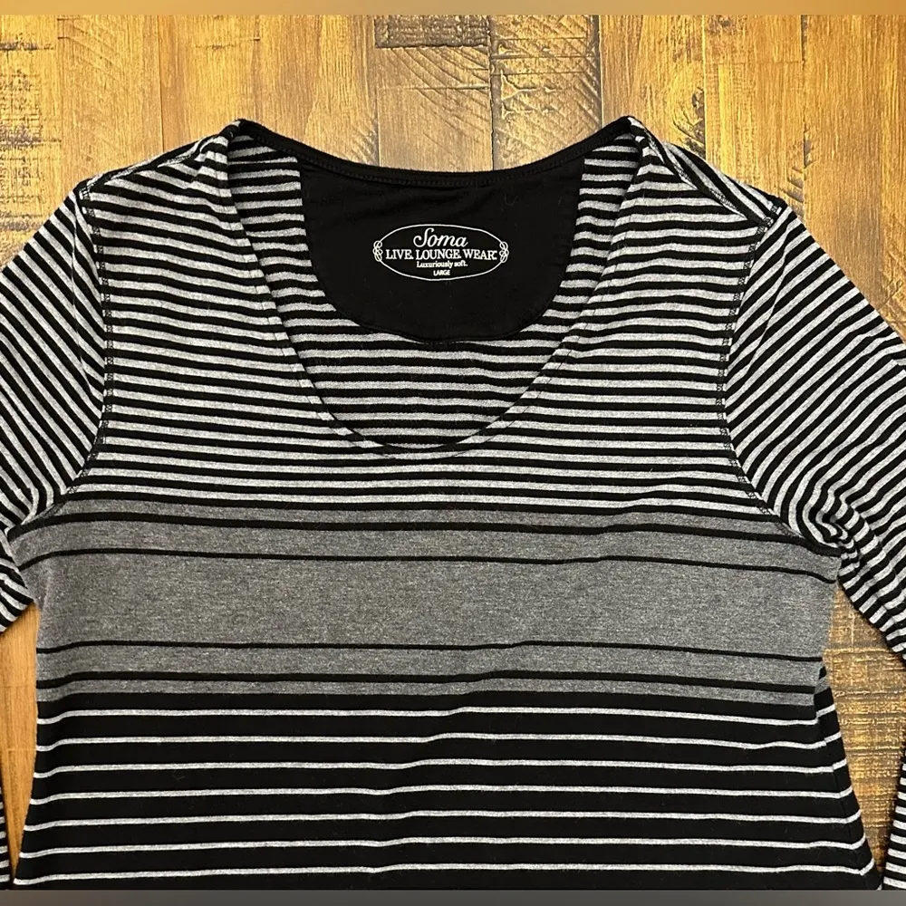 Soma Nightgown Large Black And Gray Striped EUC - Image 2