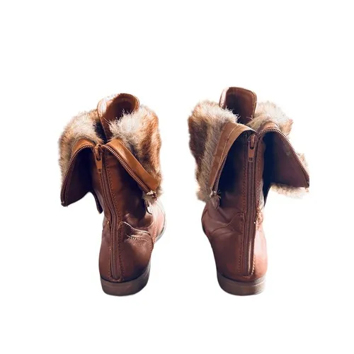 Bumper Womens Tan Faux Leather Lace Up Fur Lined Combat Boots Ankle Mid Calf Brown Size 8 - Image 4