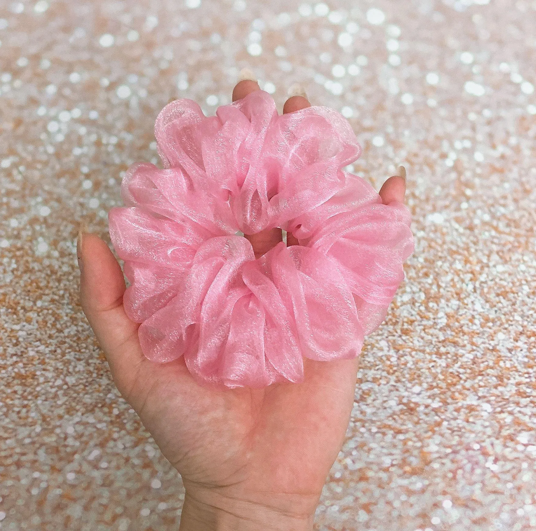 Rose Pink Crystal Organza Scrunchie Hair Ties - Image 3