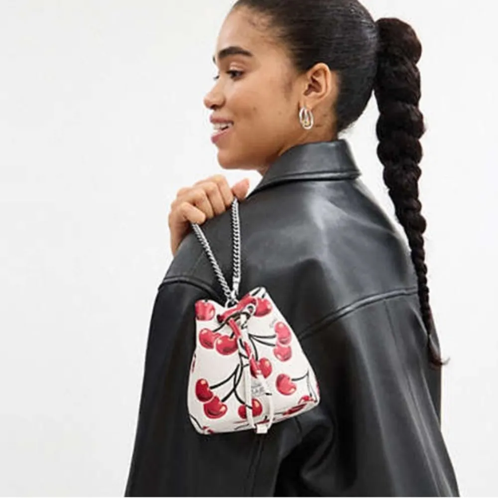 Drawstring Wristlet With Cherry Print - Novelty Leather/Silver/Chalk Multi - Image 2