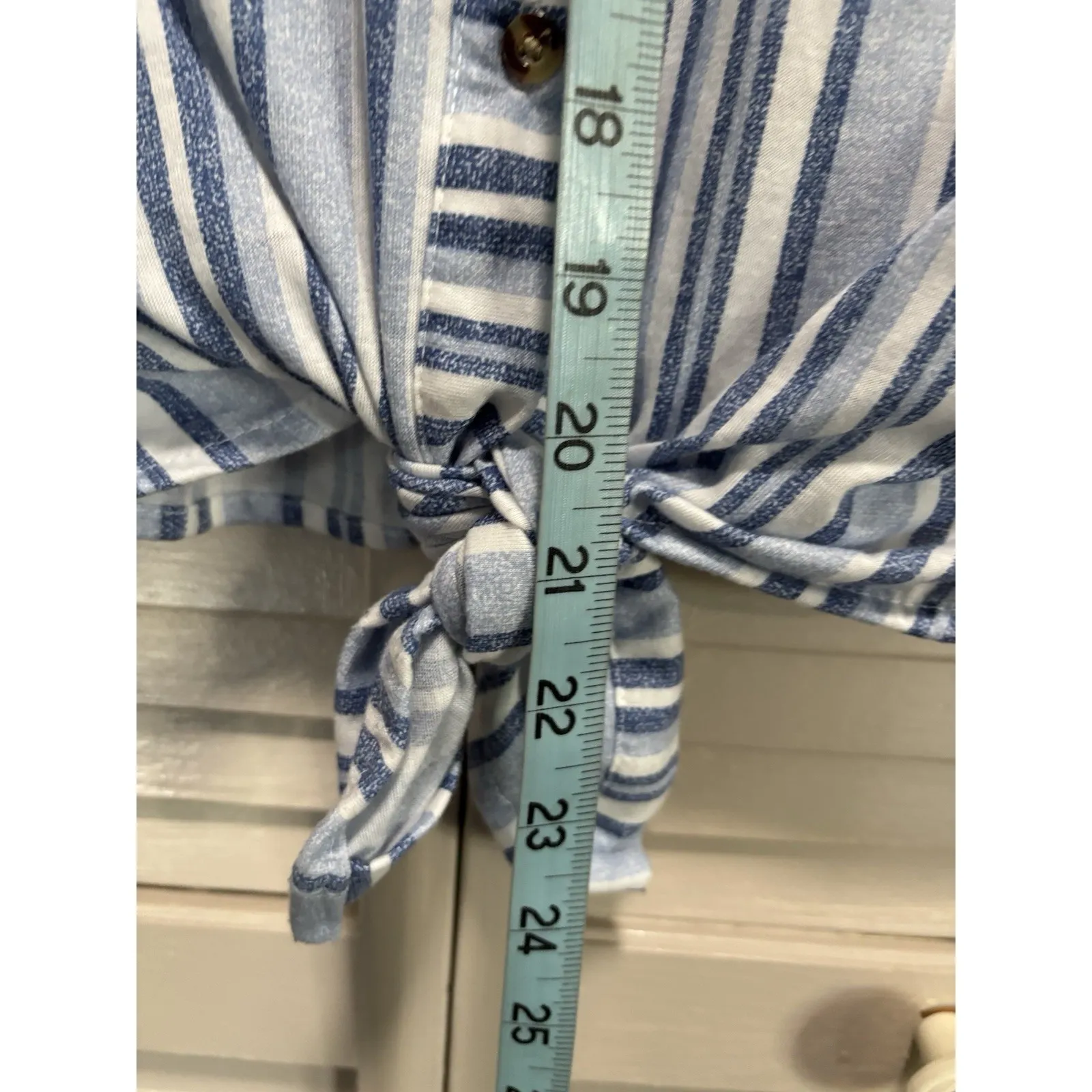 Passport Blue/White Striped Short Sleeve Collared Button Up Tie Waist Top Sz M Blue Size M - Image 4