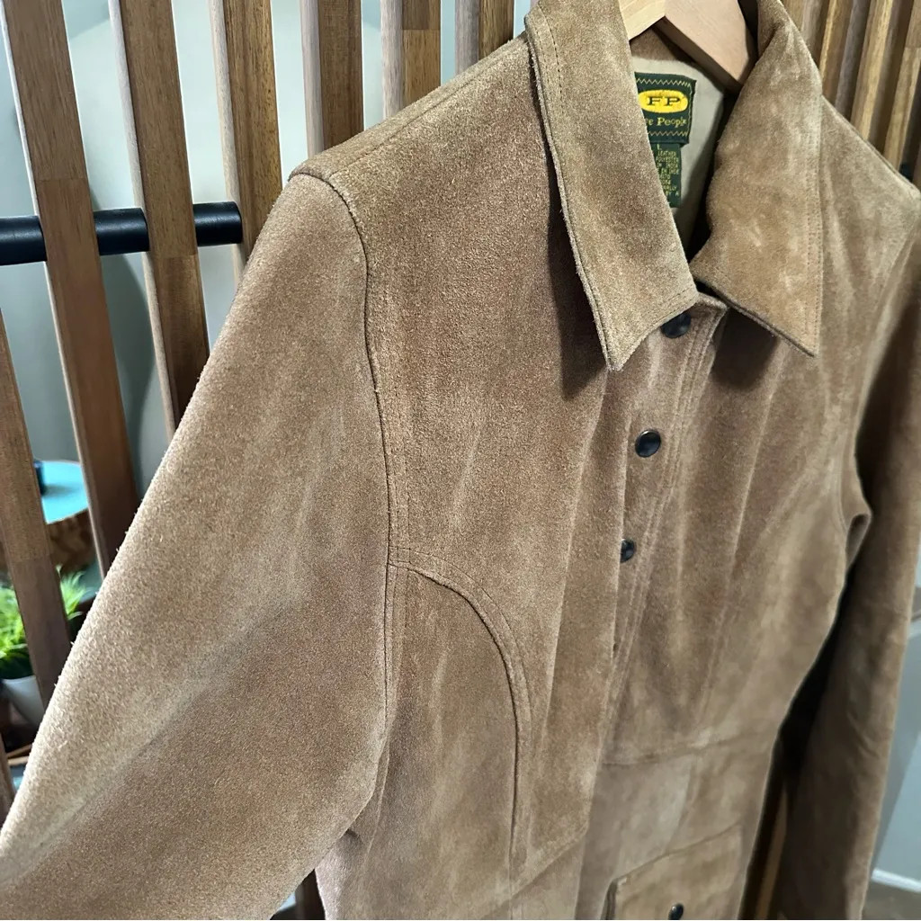 Free People VTG Camel Suede Snap Button Long Trench Jacket Boho Western Large - Image 5