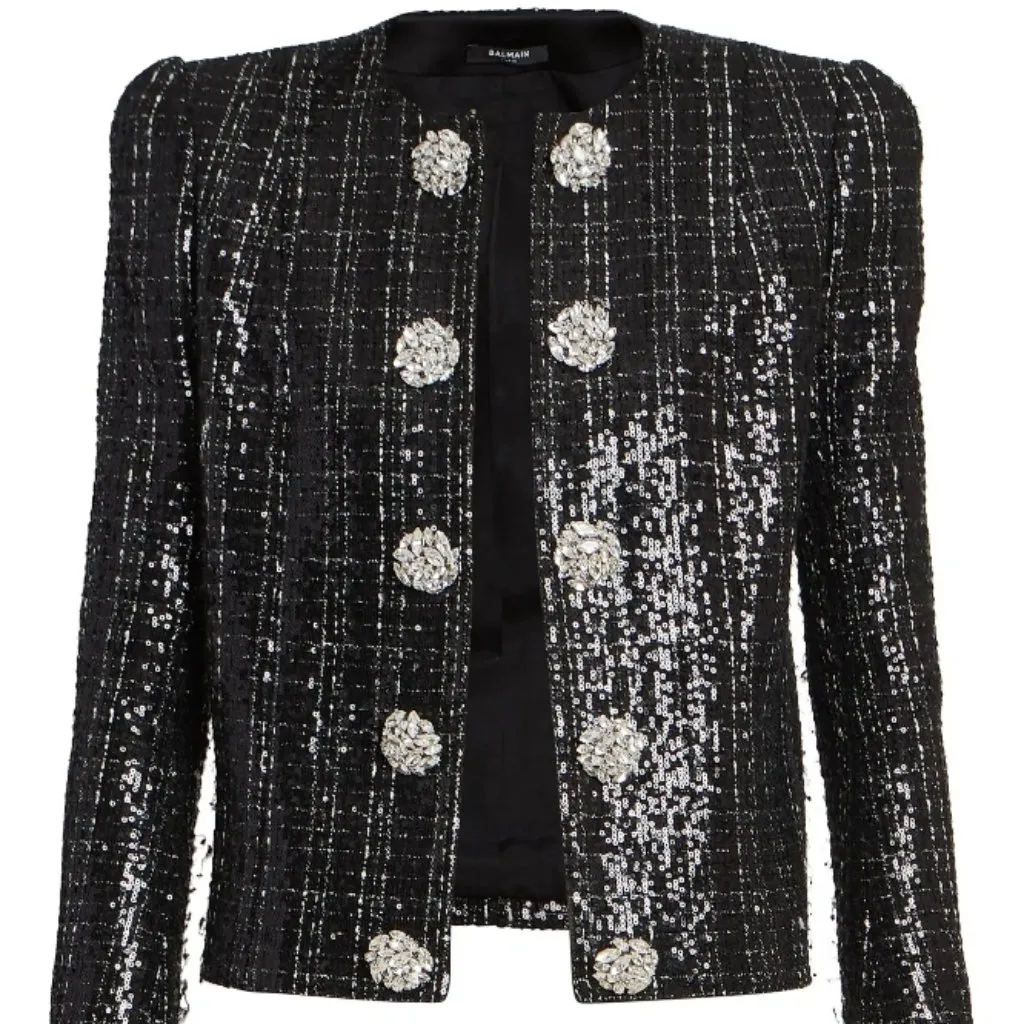 Black Sequin Boutique Blazer Jacket with Diamond Buttons | Medium | NWT - Image 8