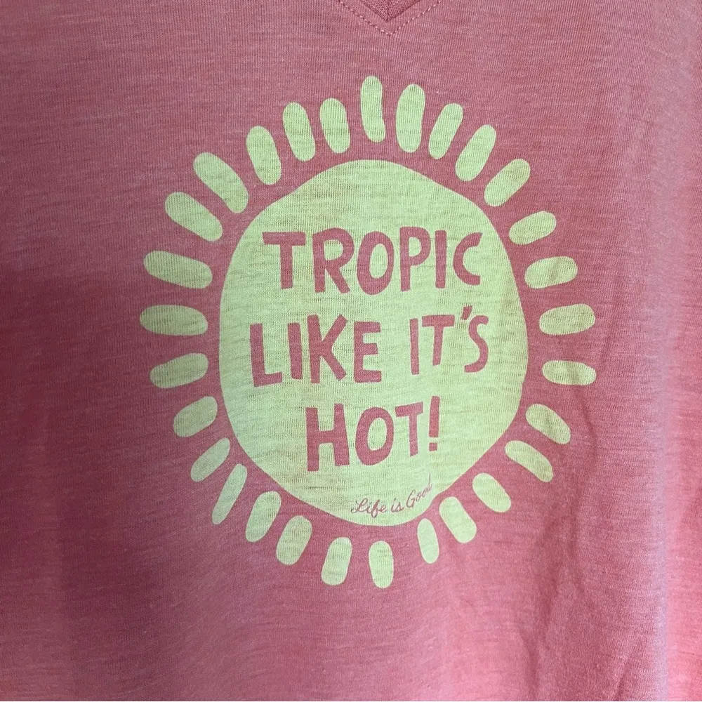 cool tee v neck “tropic like it’s hot” sun coral and yellow tee L - Image 3