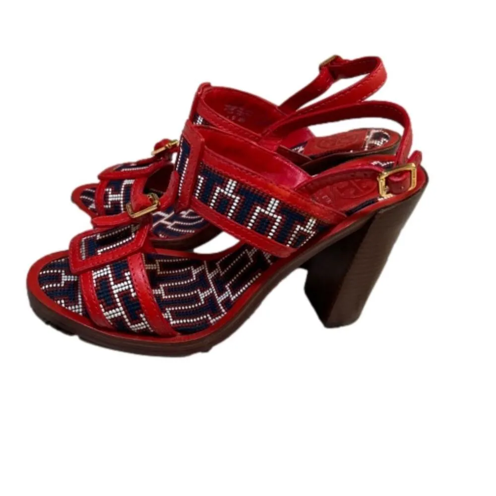 Tory Burch Florian Woven Leather  Red/Navy/White 4.25” Block Heel Sandal Size 8M - Image 2