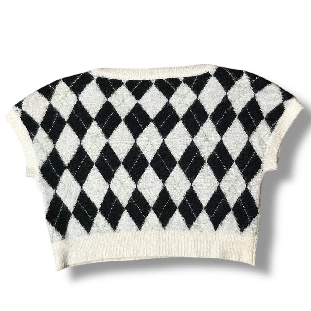 Free People SM Through The Motions Vest Cream Black Eyelash Knit V Neck Argyle - Image 6