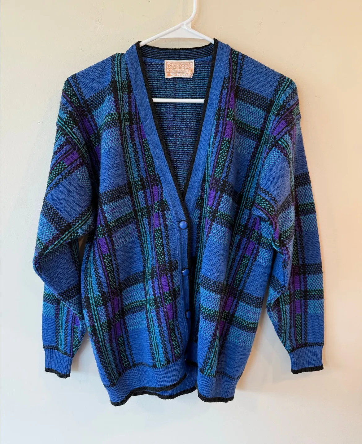 VTG Pendleton Cardigan Sweater Womens Medium Blue Purple Plaid Knit Virgin Wool - Image 1