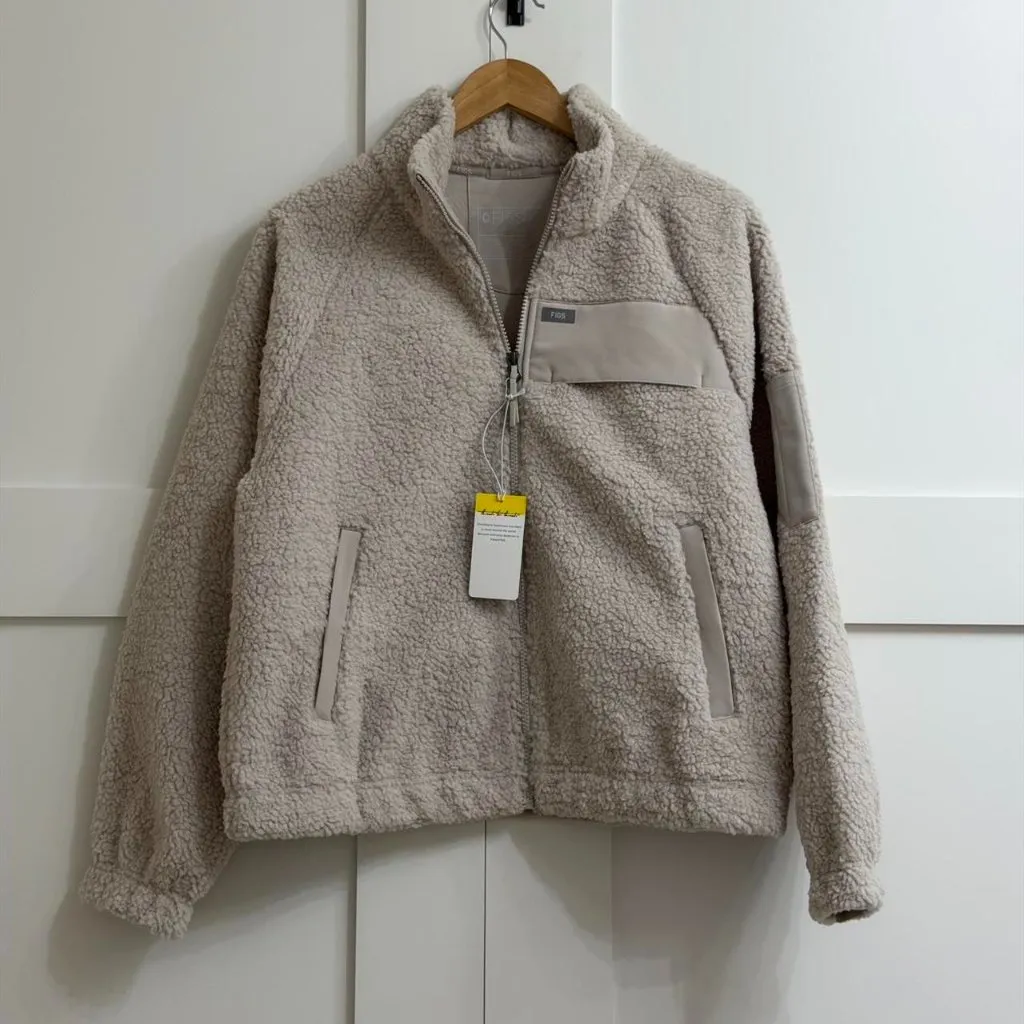 Figs On-Shift High Pile Fleece Bomber Jacket in Bone, Size Large - Image 9